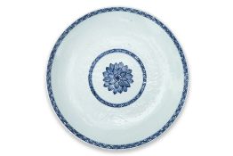 A LARGE BLUE AND WHITE ANHUA LOTUS DISH