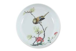 A FAMILLE ROSE BIRD AND FLOWER DECORATED DISH