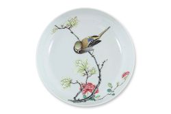 A FAMILLE ROSE BIRD AND FLOWER DECORATED DISH