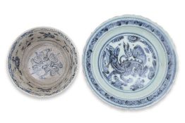A BLUE AND WHITE QILIN DISH AND A PHOENIX DECORATED BOWL