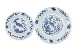TWO BLUE AND WHITE PHOENIX DECORATED DISHES