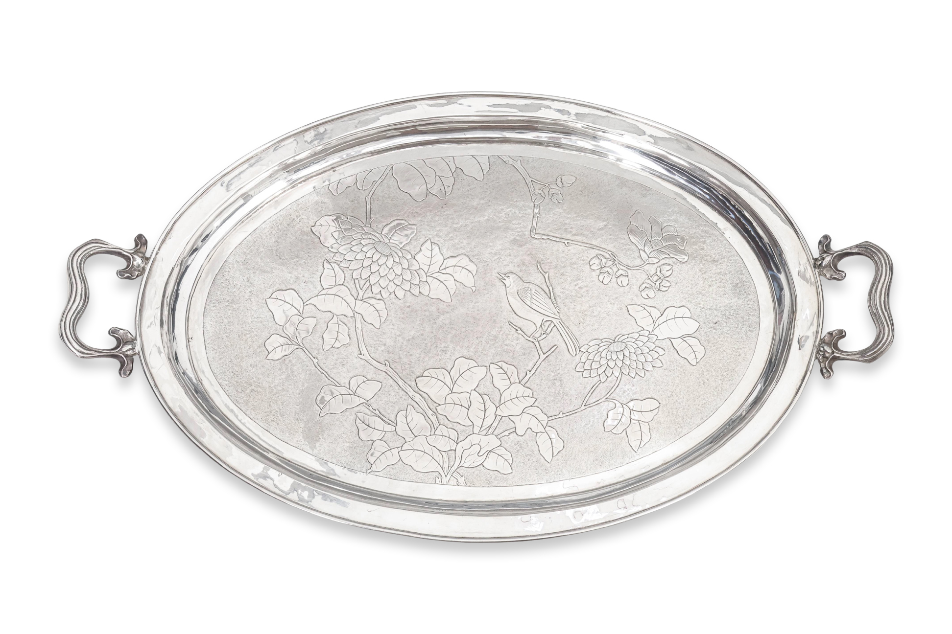 A LARGE CHINESE EXPORT SILVER TWIN HANDLED TRAY