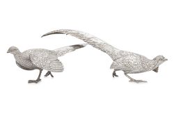 A PAIR OF LARGE BELGIAN SILVER TABLE MODELS OF PHEASANTS