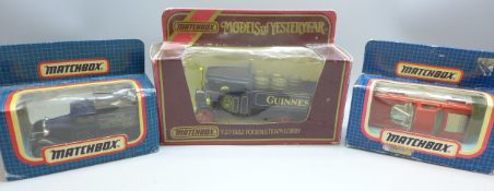 Three boxed Matchbox die-cast vehicles including Guinness advertising Foden Steam Lorry