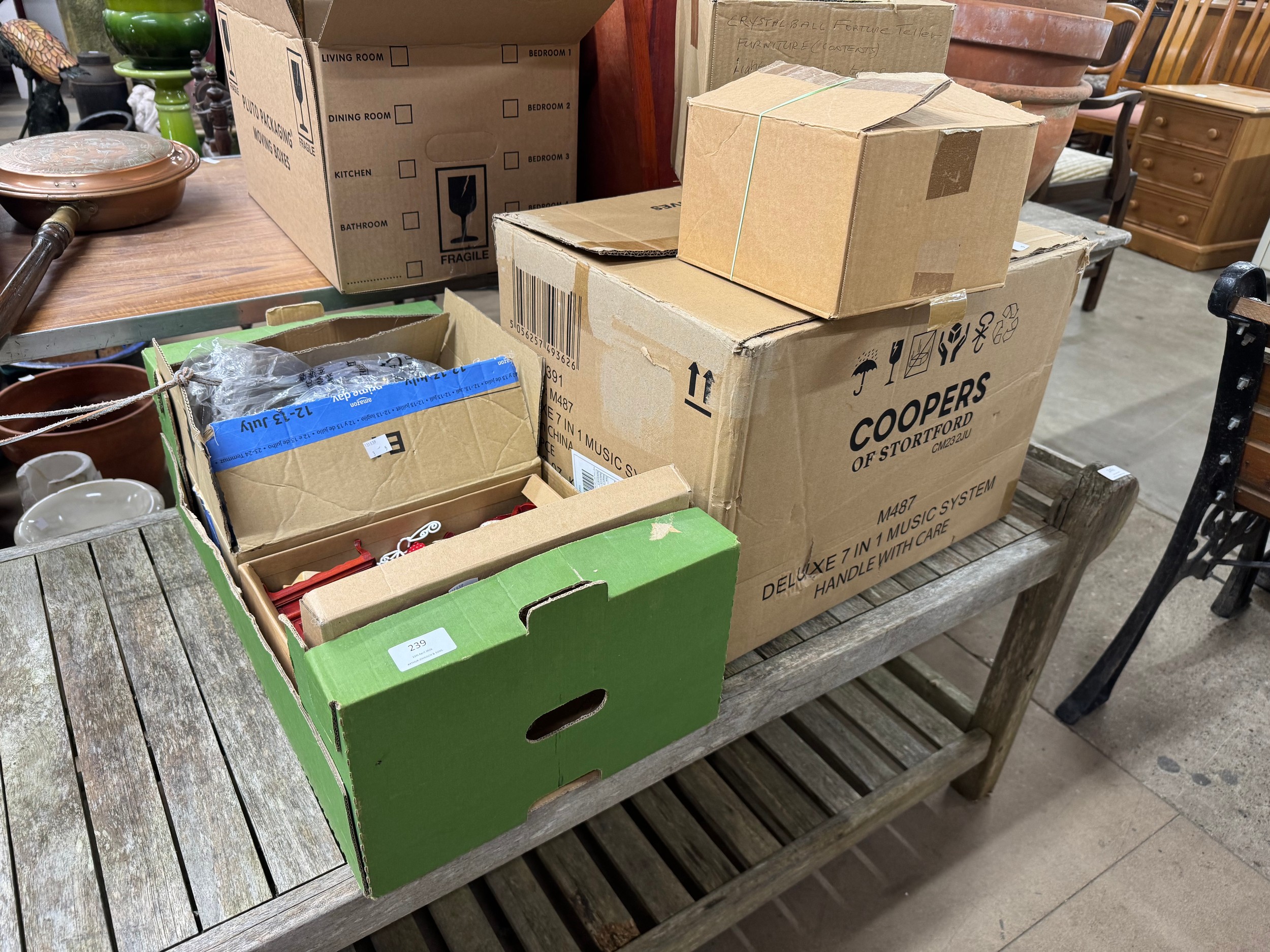 Five boxes of assorted dolls house furniture
