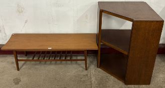 A teak rectangular coffee table and a teak corner bookcase