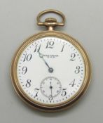 A Waltham 10k gold filled fob watch, the case by Wadsworth, lacking glass and hand, 59g