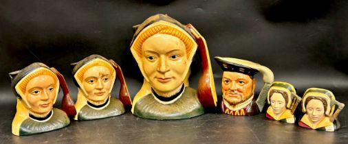 Collection of six Royal Doulton Tudor character jugs to include a large Jane Seymour D6646, two