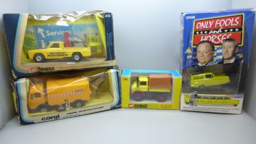 Four Corgi Toys models Faun-AK435 Road Sweeper, Mazda Truck, Only Fools and Horses and a Unimog