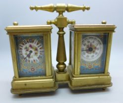 A brass combination double carriage clock and barometer desk compendium, with