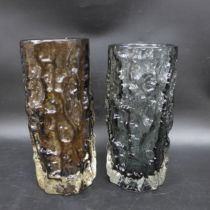 Geoffrey Baxter for Whitefriars; two textured glass Bark vases, brown and grey, 19cm h