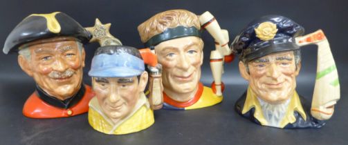 Four Royal Doulton character jugs to include a large Chelsea Pensioner D6817, large The Juggler
