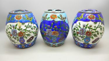 Three Cloisonne pots with covers