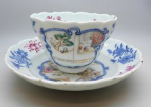 An 18th century Chinese porcelain cup and saucer, a/f chipped