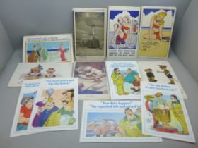 A collection of approximately 60 comic postcards, vintage to modern