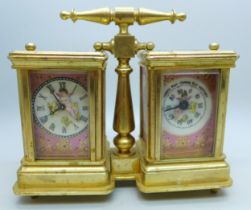 A brass combination double carriage clock and barometer desk compendium, with