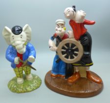 A Royal Doulton 'Pretending To Be An Outlaw' Rupert character figure, and Popeye and Olive Oyl The