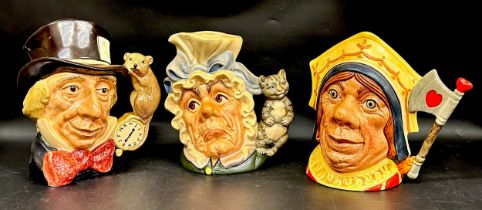 Three Royal Doulton Alice in Wonderland themed large character jugs to include Mad Hatter D6598, The