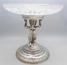 A silver plated figural comport/tazza, with etched glass plate, 15.5cm h