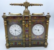 A brass and cloisonne combination double carriage clock and barometer desk compendium