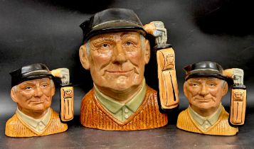 A large Royal Doulton Golfer character jug together with two medium sized Golfer character jugs