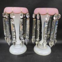 A pair of opaline glass lustre vases, pink scalloped rim with clear crystal prismatic drops, 30cm h