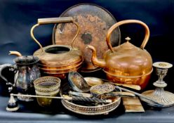 Collection of silver plate and copper to include kettles, trays, candlestick, candle snuffer,