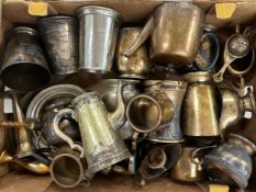A large collection of silver plate and other metalware including teapots, tankards, candlesticks *