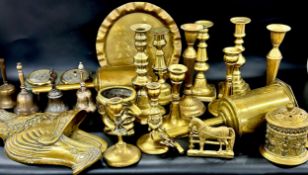 A large collection of brassware, Salter's roasting jack, candlesticks, tray, ornaments, etc.