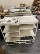 Three pre-owned four tier shop units with wooden shelves.