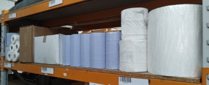 Assorted cleaning related items to include toilet roll, blue roll and tissue paper. (One shelf)