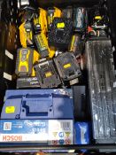 Twenty Power tool and other batteries to include Makita 40v, Bosch 54001 12v, DeWalt 20v/60v flex vo