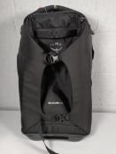 A pre-owned Osprey Sojourn 45 wheeled black suitcase.