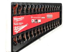 As new Milwaukee 15-piece Max Bite ratcheting metric combination spanner set, 8-22mm.