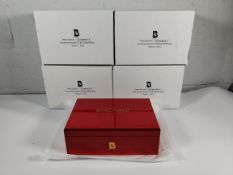 Four as new Birchall Tea six compartment box in red (for enveloped prism tea bags).