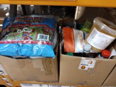 A shelf of assorted in-date food and confectionery products and related.
