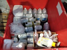 Assorted liquids and related items to include screen wash, multi surface cleaner and disinfectant. (