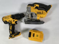 A DeWalt DCD778 18V XR Brushless Hammer Drill and a DeWalt DCS331 18V XR Cordless Jigsaw with an 18V