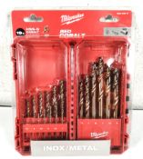 An as new Milwaukee 19-piece Red Cobalt HSS-G quad edge drill bit set for inox/metal, slight damage