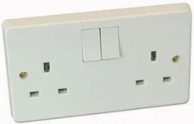 Fifty boxed as new Crabtree 4306/D Double Pole Switched Socket, 2 Gang, 13A, White (stock image).
