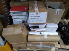 A pallet of stationary and related items, including printer paper, envelopes. tills and more.