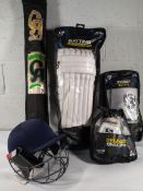 A Cricket kit to include CA SM 18 English willow cricket bat, Aero guard helmet with face guard.