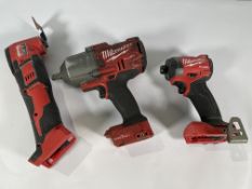 Three pre-owned Milwaukee power tools: M18ONEFHIWF12 Cordless Impact Wrench, M18BMT Multi Tool and M