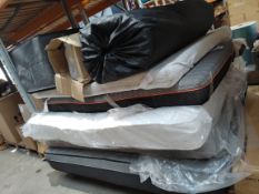 Seven assorted mattresses and toppers, sizes unknown.