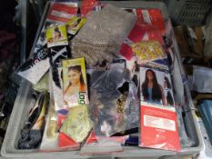 Large collection of imitation wigs and braids and assorted Asian style clothes. (Stillage not includ