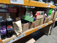 A shelf of assorted in-date food and confectionery products and related.
