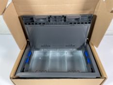 Six boxed as new Electrak CR012 3 Compartment Floor Boxes, single base 85mm with ABS lid and trim.