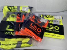 Seven items of as new LEO hi-vis workwear: yellow overtrousers (S x2), orange long sleeve polo (M x4