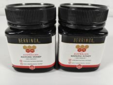 Two as new Berringa Australian Manuka high strength honey 400+ MGO 250g jars, sealed (B.B 09/04/2025