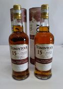 Two Tomintoul Speyside Glenlivet aged 15 years single malt whisky 2 x 700ml.